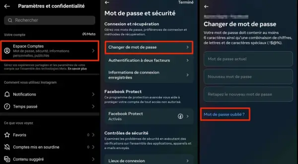 Paramètres pour changer de mot de passe et récupérer un compte. Aide pour comment supprimer un compte Insta.