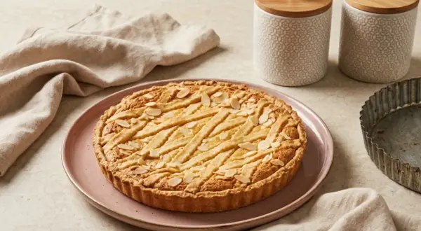 Une délicieuse tarte à la ricotta sucrée, garnie d'amandes effilées et d'une croisade de pâte dorée, prête à être dégustée.