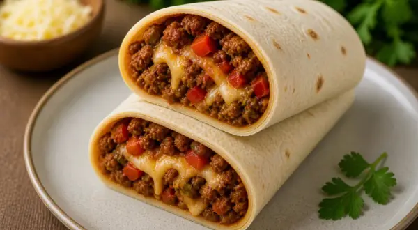 Pyszna tortilla z mięsem mielonym i roztopionym serem, zapiekana w piekarniku. Idealna na szybki obiad.