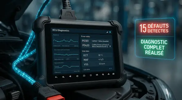 Diagnostic auto électronique : un appareil affiche 15 défauts détectés et un diagnostic complet réalisé.