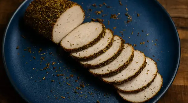 Affettato di pollo speziato su piatto blu. Un modo semplice per condire l'affettato di pollo con erbe aromatiche.