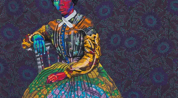 Vibrant portrait of a woman by contemporary black artists, her skin a mosaic of bold colors against a patterned background.