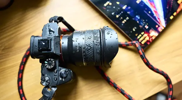 A Rokinon 24-28mm FE lens on a camera, covered in water droplets. The camera has a red and black strap. A tablet with a city lights display is in the background.
