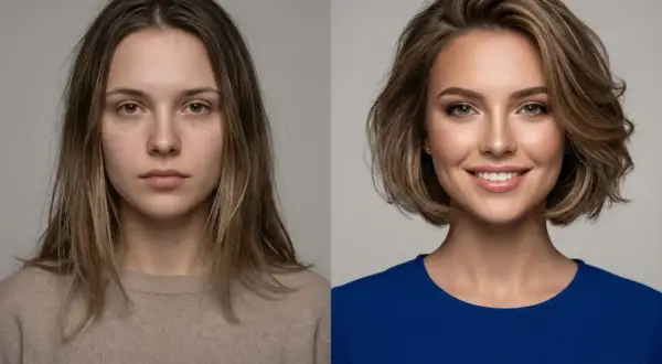 Przed i po: metamorfoza z naturalnego wyglądu do olśniewającej fryzury z efektem face framing, podkreślającej rysy twarzy.
