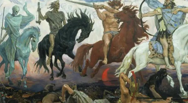 Czterej jeźdźcy apokalipsy galopują na koniach, niosąc zniszczenie. Na pierwszym planie widać upadłych ludzi i wojowników.