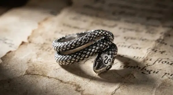Anillo de plata con forma de serpiente enroscada, con detalles escamados y cabeza adornada.