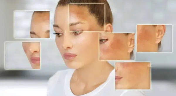 Primer plano de una mujer con manchas oscuras en la cara, mostrando qué es el melasma y sus diferentes áreas afectadas.
