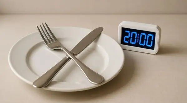 Piatto vuoto con forchetta e coltello incrociati, accanto a un orologio digitale che segna le 20:00. Forse è ora di iniziare a pensare che non mangiare fa dimagrire.