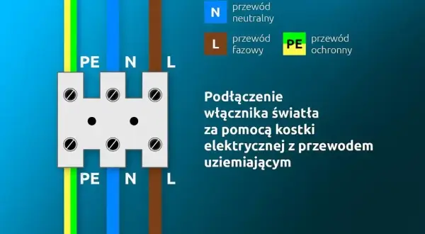 Schemat pokazuje, jak podłączyć dwie lampy do jednego kabla za pomocą kostki elektrycznej. Widać przewody PE, N i L.