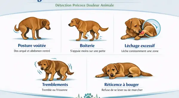 Chien montrant des signes de douleur : posture voûtée, boiterie, léchage excessif, tremblements, réticence à bouger. Ces symptômes peuvent indiquer un mal de la truie.