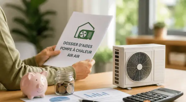 Une personne examine un dossier d'aides pour une pompe à chaleur basse température. Une tirelire et une calculatrice sont sur la table.