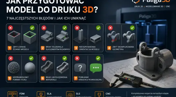 Poradnik "Jak przygotować model do druku 3D?" z Paliga3D. Ilustracje pokazują błędy i poprawne rozwiązania w modelowaniu 3D.