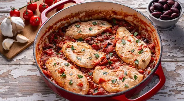 Succulento pollo alla pizzaiola in padella, con pomodoro, olive e capperi, guarnito con prezzemolo fresco.
