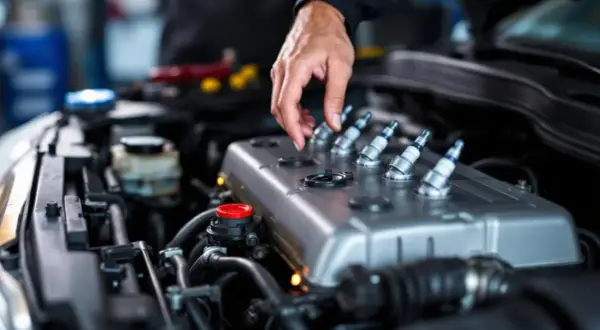 Mécanicien vérifiant les bougies d'allumage d'un moteur essence. Si votre voiture broute en roulant, cela peut venir de là.