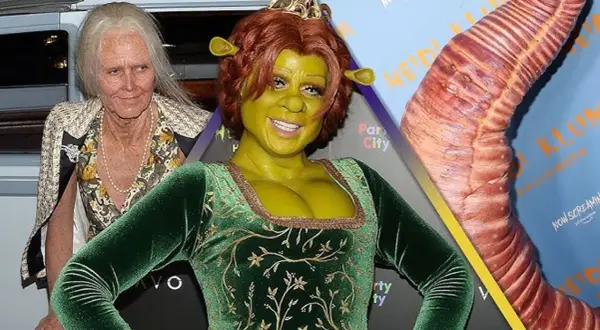 Heidi Klum se disfraza de Fiona de Shrek para Halloween, con un maquillaje verde y orejas características. A su lado, una persona mayor y un tentáculo gigante.
