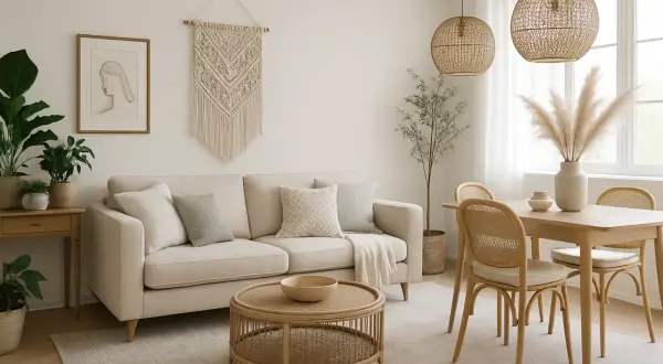 Un salón acogedor con sofá beige, mesa de centro de ratán y detalles de macramé, creando un ambiente de casa boho chic.