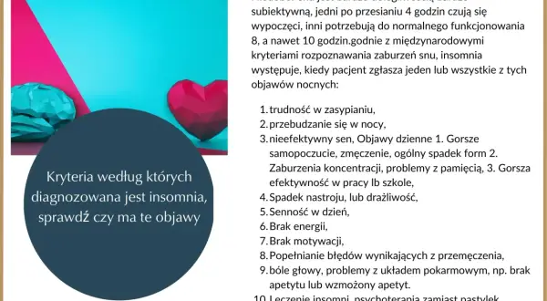 Grafika z mózgiem i sercem. Tekst o objawach zaburzeń snu, insomnii i kryteriach diagnostycznych.