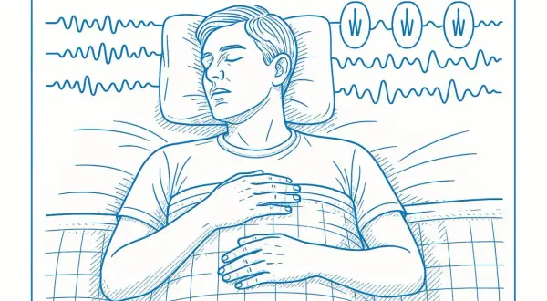 A man sleeps with his hands on his chest, while brainwave patterns above him indicate sleep fragmentation.