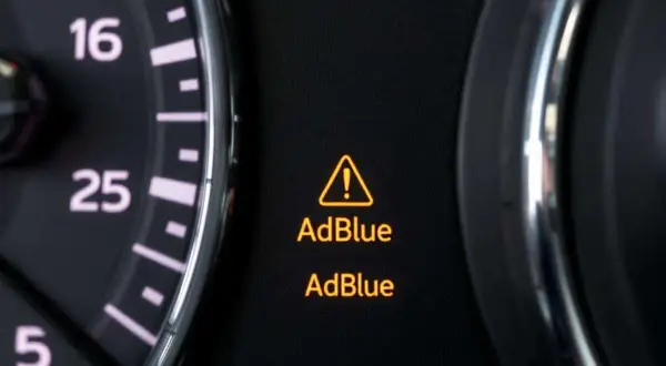 Tableau de bord d'une voiture affichant un voyant AdBlue allumé, signalant un problème avec le système AdBlue.