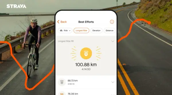Aplikacja Strava pokazuje rekordowy dystans 100.88 km na rowerze.