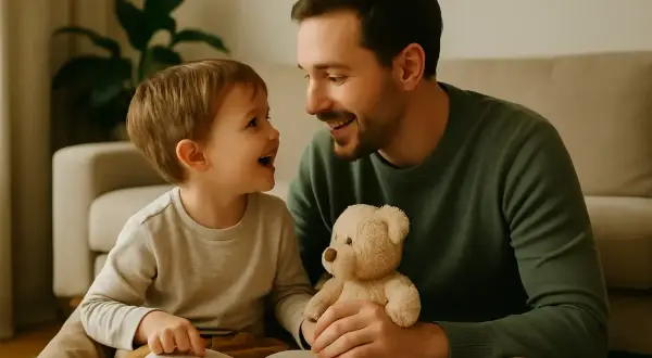 Padre e figlio leggono un libro, un modo per stimolare il linguaggio nei bambini. Il piccolo sorride, tenendo un orsacchiotto.
