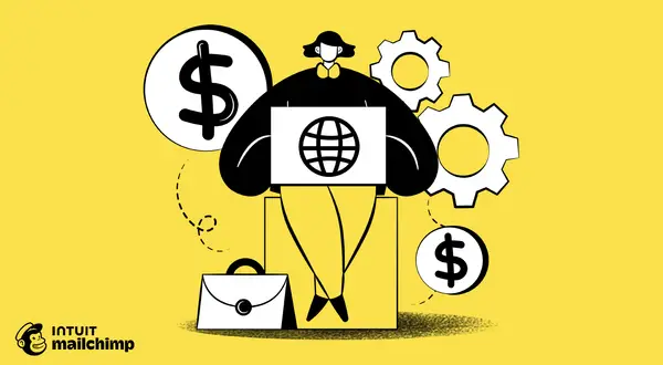 Illustrazione stilizzata di una persona con un laptop che mostra il globo, ingranaggi e simboli del dollaro, che rappresenta il **business purpose** globale e la crescita finanziaria.