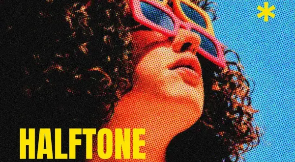 A person with curly hair wears colorful sunglasses, with a comic book effect photoshop style. The word "HALFTONE" is in yellow text.
