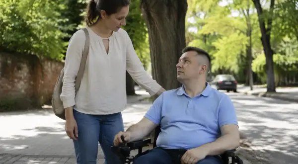 Kobieta wspiera mężczyznę na wózku inwalidzkim na tle zieleni.