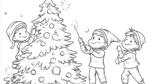 Drei Kinder schmücken einen Weihnachtsbaum mit Sternspritzern und Kugeln.