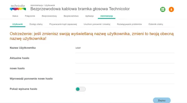 Zmiana hasła technicolor CGA2121. Ekran administracji bramki Technicolor, gdzie można zmienić nazwę użytkownika i hasło.