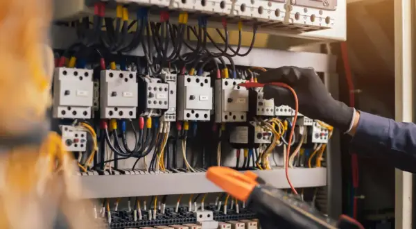 Main électrique d'une maison neuve, un technicien vérifie les connexions. Un devis électricité est essentiel pour ce type d'installation.