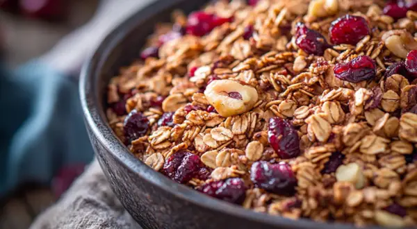 En skål med hemmagjord granola, full av havregryn, nötter och torkade tranbär. Perfekt för en hälsosam frukost.