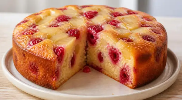 Gâteau moelleux aux framboises et morceaux de fruits, avec une croûte dorée et des fruits rouges juteux.