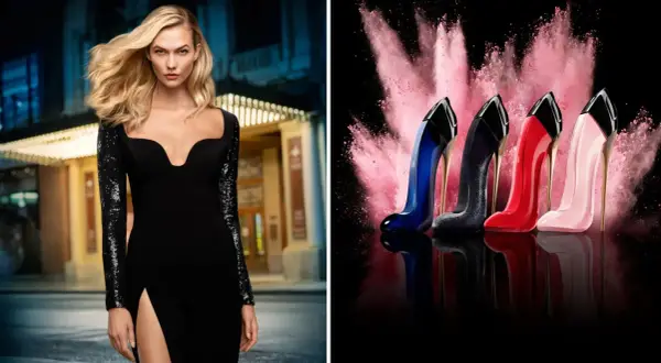 Karlie Kloss w czarnej sukni obok flakonów perfum Herrera w kształcie szpilek.