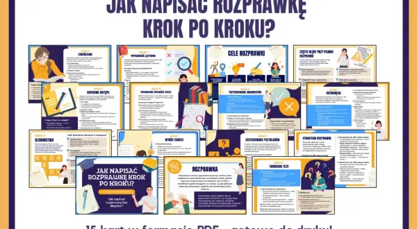 Ilustracja przedstawia kolaż kart z poradami dotyczącymi pisania rozprawki, z hasłem "Jak napisać rozprawkę krok po kroku?".