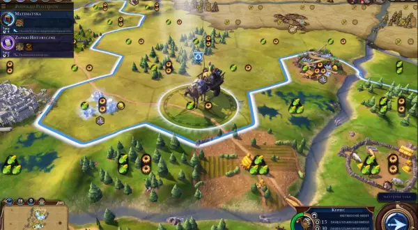 Gra Civilization VI: poradnik. Widać postęp w rozwoju technologii i budowie kampusu. Wóz z kupcem rusza w drogę.