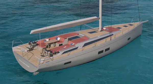 Yacht del Pardo con comodi divani rossi e tavolo in teak, pronta per una crociera.
