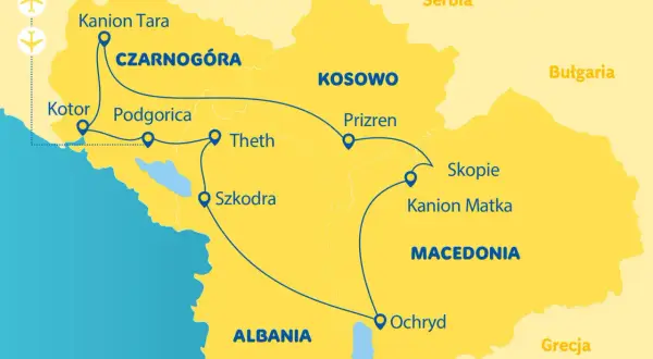Mapa pokazuje, z kim graniczy Albania: Czarnogóra, Kosowo, Macedonia i Grecja.