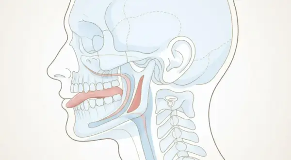 Illustrazione anatomica della lingua posizionata correttamente sul palato, che dimostra come mewing funziona per migliorare la postura facciale e la respirazione.