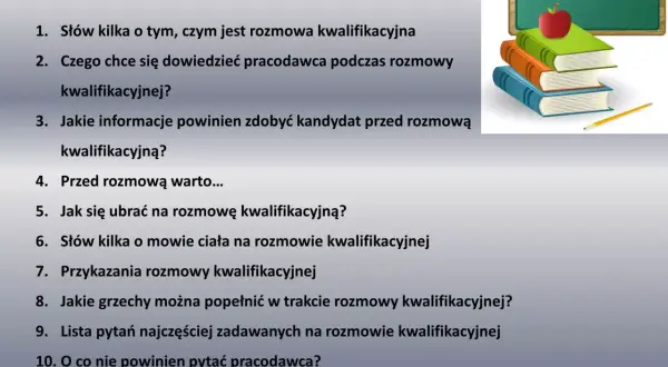 Spis treści prezentuje pytania na rozmowie kwalifikacyjnej, od podstaw po błędy i pytania do pracodawcy. Obok stos książek i jabłko.
