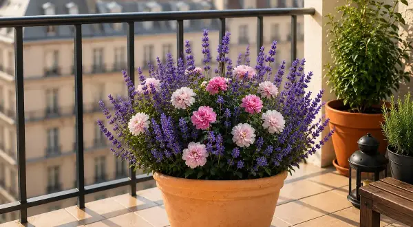 Ein üppiger lavendel balkonkasten mit zarten rosa und weißen Blüten auf einem Pariser Balkon.