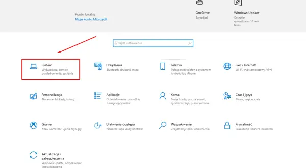 Ekran ustawień Windows. Kliknij "System", aby dowiedzieć się, jak sprawdzić model laptopa.