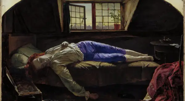 A young man lies in repose, a scene reminiscent of sad Renaissance paintings. His eyes are closed, his body still, as if in a deep sleep. The room is dimly lit, with a single window offering a glimpse of the outside world.