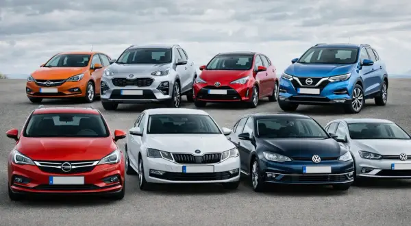 Różne modele samochodów, od kompaktowych po SUV-y, ustawione w rzędach. Każdy pojazd prezentuje inny kolor i styl.