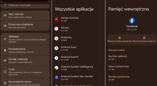Jak wyczyścić pamięć podręczną w telefonie? Ekran pokazuje opcje zarządzania aplikacjami i pamięcią wewnętrzną, w tym czyszczenie pamięci podręcznej.