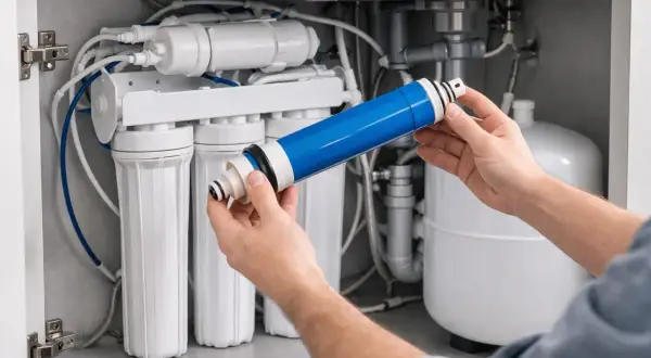 Main bleue d'un système d'osmose inverse, prête à être installée. L'entretien de la membrane osmoseur garantit une eau pure.