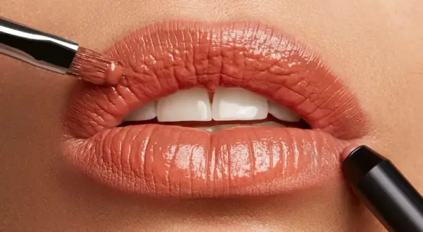 Labbra perfette con un tocco di colore. Un pennello applica un prodotto cremoso, mentre un rossetto definisce il contorno.