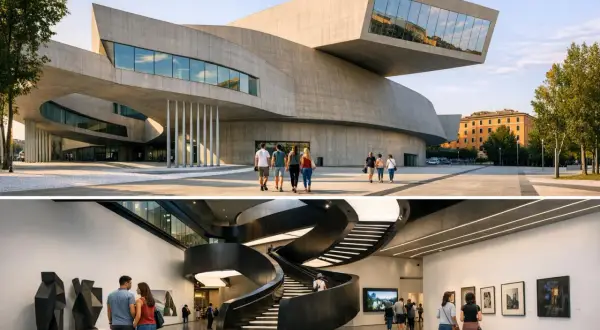Nowoczesna architektura muzeum sztuki MAXXI w Rzymie. Wnętrze z krętymi schodami i dziełami sztuki.