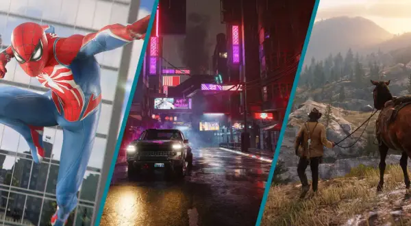 Spiderman schwingt durch eine Stadt, ein Auto fährt durch eine neonbeleuchtete Gasse, ein Cowboy reitet durch eine Berglandschaft – alles Teil von fesselnden open world games ps5.