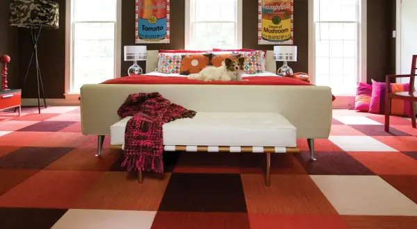 A dog lounges on a bed in a room with a bold, kitsch style. The floor features a checkered pattern of red and brown squares, and the walls are adorned with Campbell's soup can art.